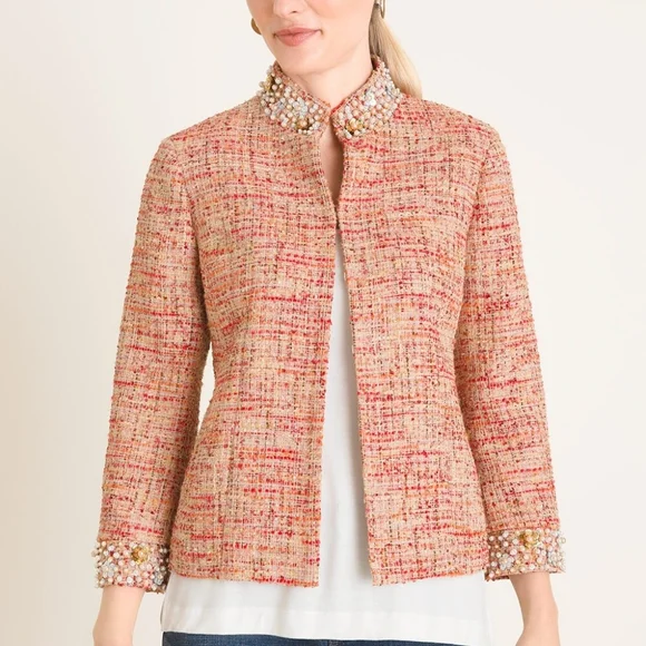 NWT Chico's Tweed Orange Boucle Pearl Sequin Collar Jacket Size 3 US Size L